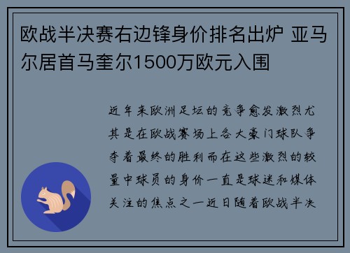 欧战半决赛右边锋身价排名出炉 亚马尔居首马奎尔1500万欧元入围