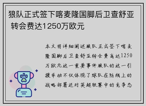 狼队正式签下喀麦隆国脚后卫查舒亚 转会费达1250万欧元