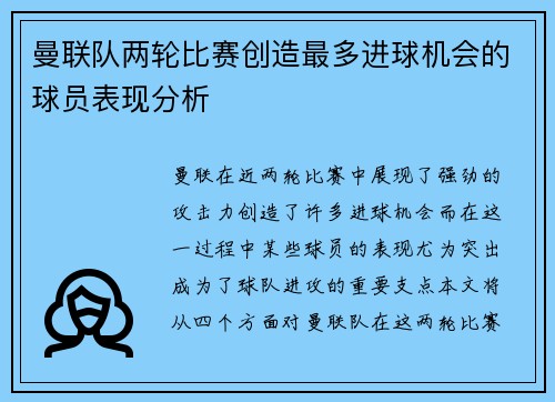 曼联队两轮比赛创造最多进球机会的球员表现分析